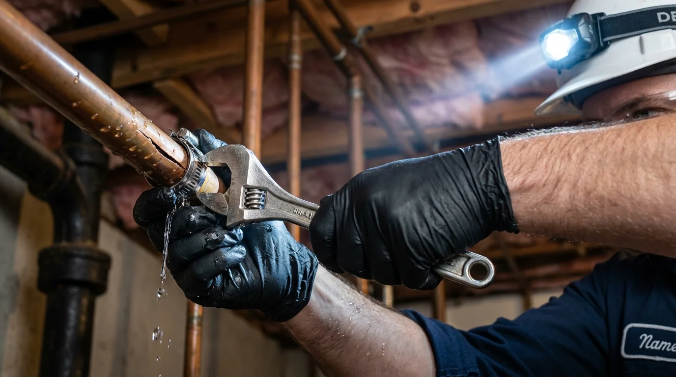Emergency pipe clamp repair being performed by a Johns Plumbing LLC plumber in Phillipsburg