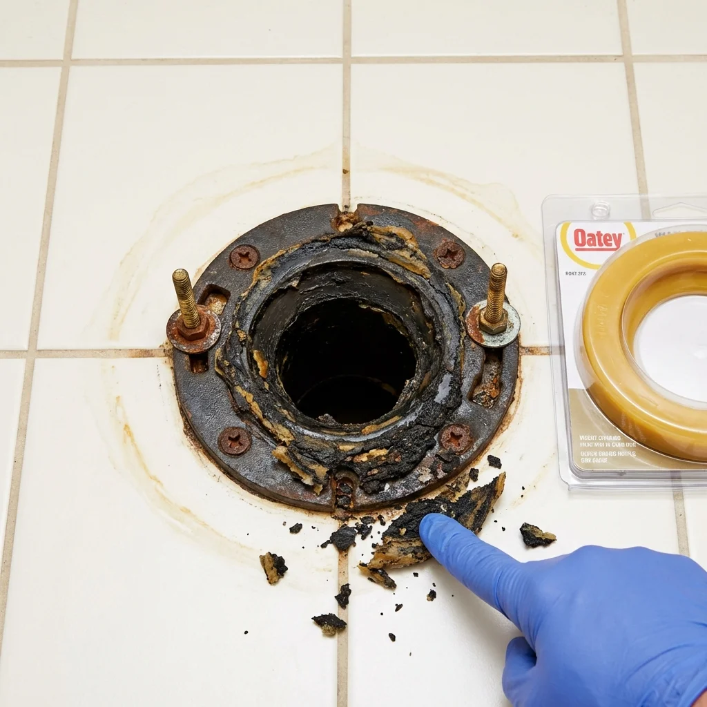 Failed wax ring showing water seepage at the base of a toilet in a Phillipsburg, NJ home