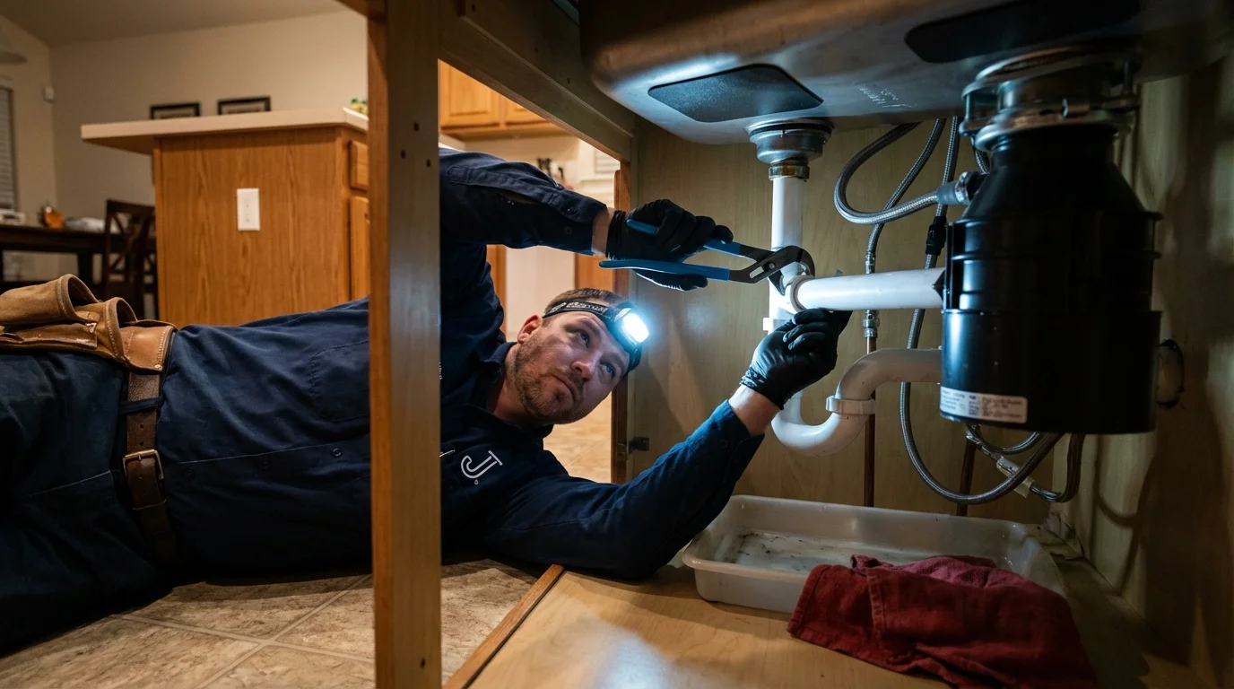 P-trap and supply line connections under a kitchen sink showing a common leak point in Phillipsburg, NJ